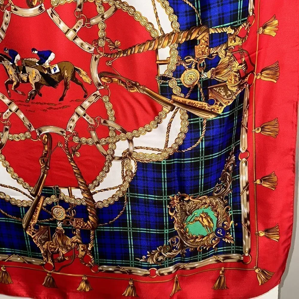 Vintage 80s/90s large polo, horses, bridle themed red, blue & gold scarf‎